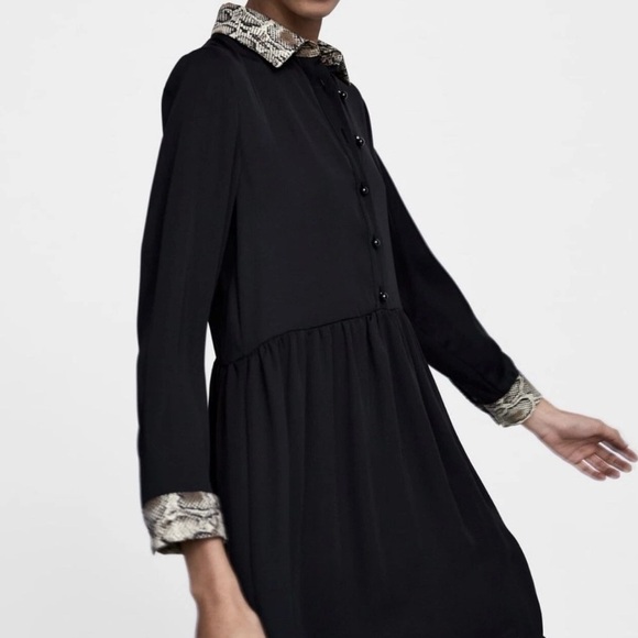 ZARA Black Button-Up Dress with Patterned Collar - Picture 4 of 10